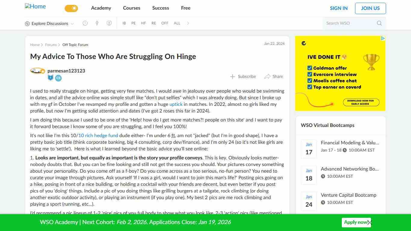 My advice to those who are struggling on Hinge | Wall Street Oasis